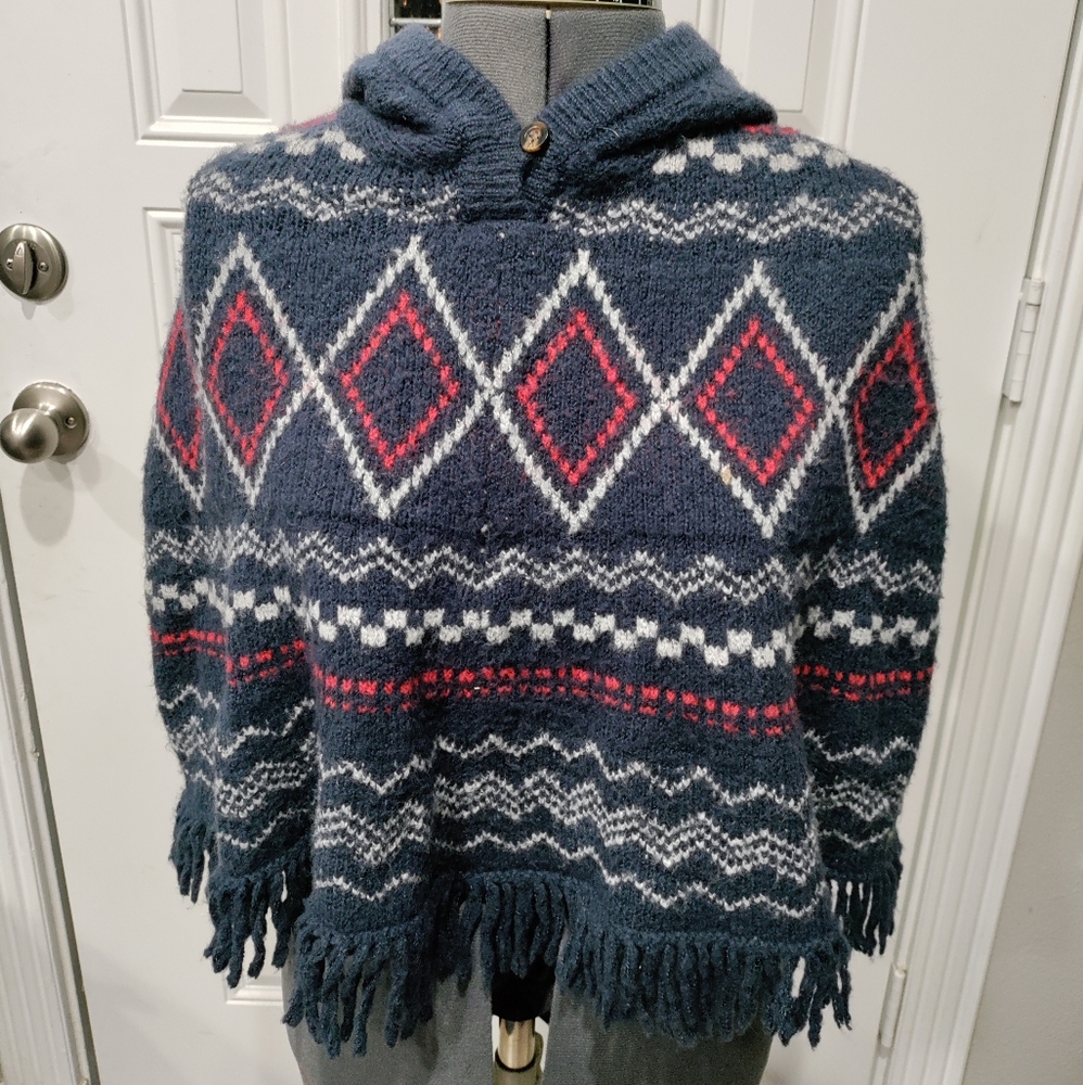 OshKosh b'gosh girl's blue fringed hooded poncho size 6x